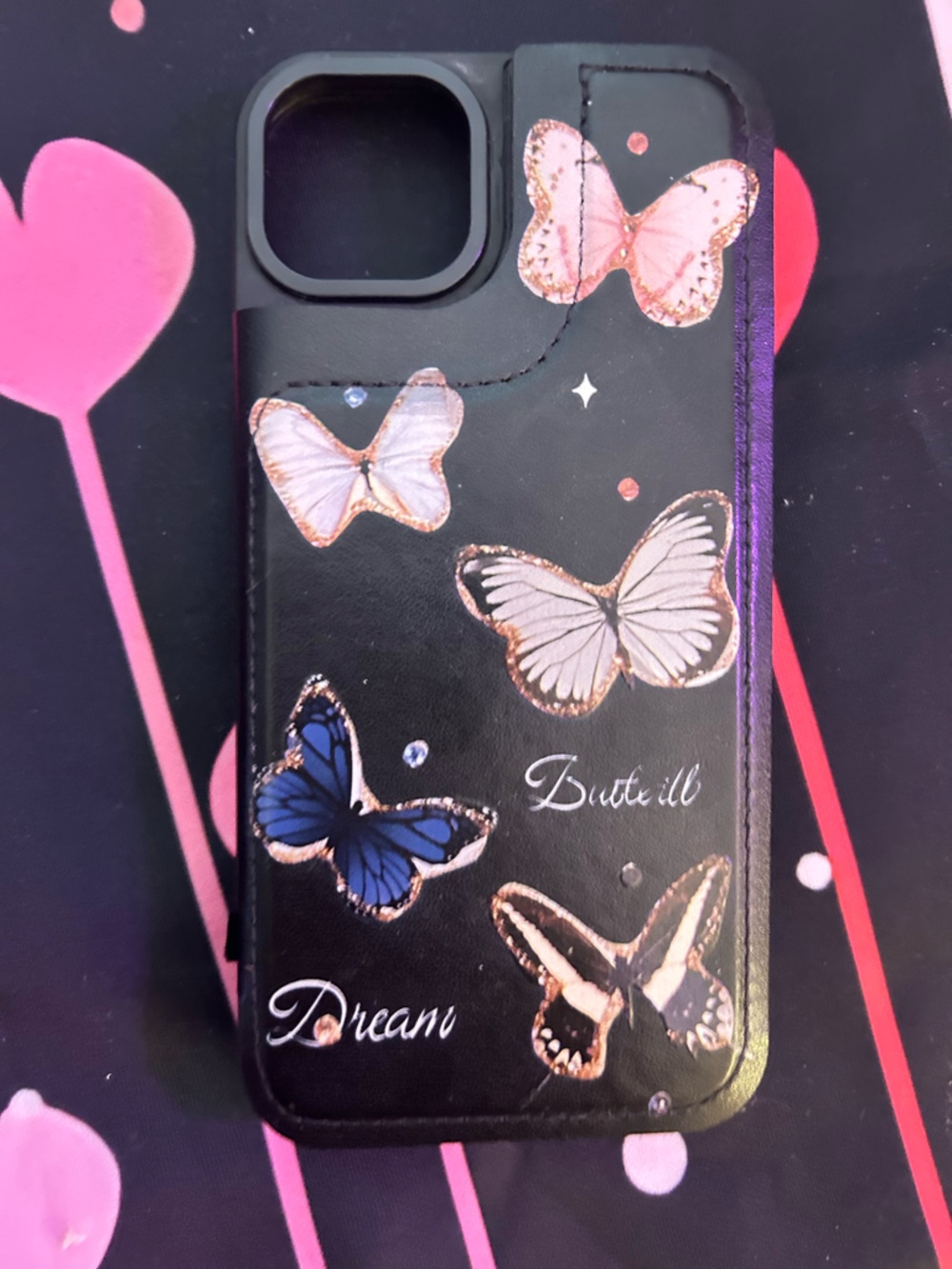 Amazon Black Phone Wallet for iPhone 14 Plus Case w Multicolor Butterfly Accents